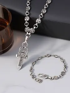 Two-Piece Vintage Jewelry Set: Fashionable Retro Electroplated Silver Large Sword Pendant Sweater Chain And Adjustable Cross Bracelet