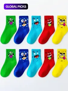 5 Pairs Kids Cartoon Themed Crew Socks, Playful Animal Expressions, Soft Breathable Material Sports Socks for Boys & Girls, All Seasons Wear, Colorful Design