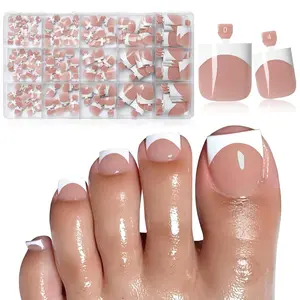 150PC Press on Toenails for Women Fake Toe Press on Nails French Tip Toe Nail Press ons with Sticky Tabs, 15 Size Fake Toenails Press ons Acrylic Toe Nail Tips Kit Pink Press on Toe Nails-G