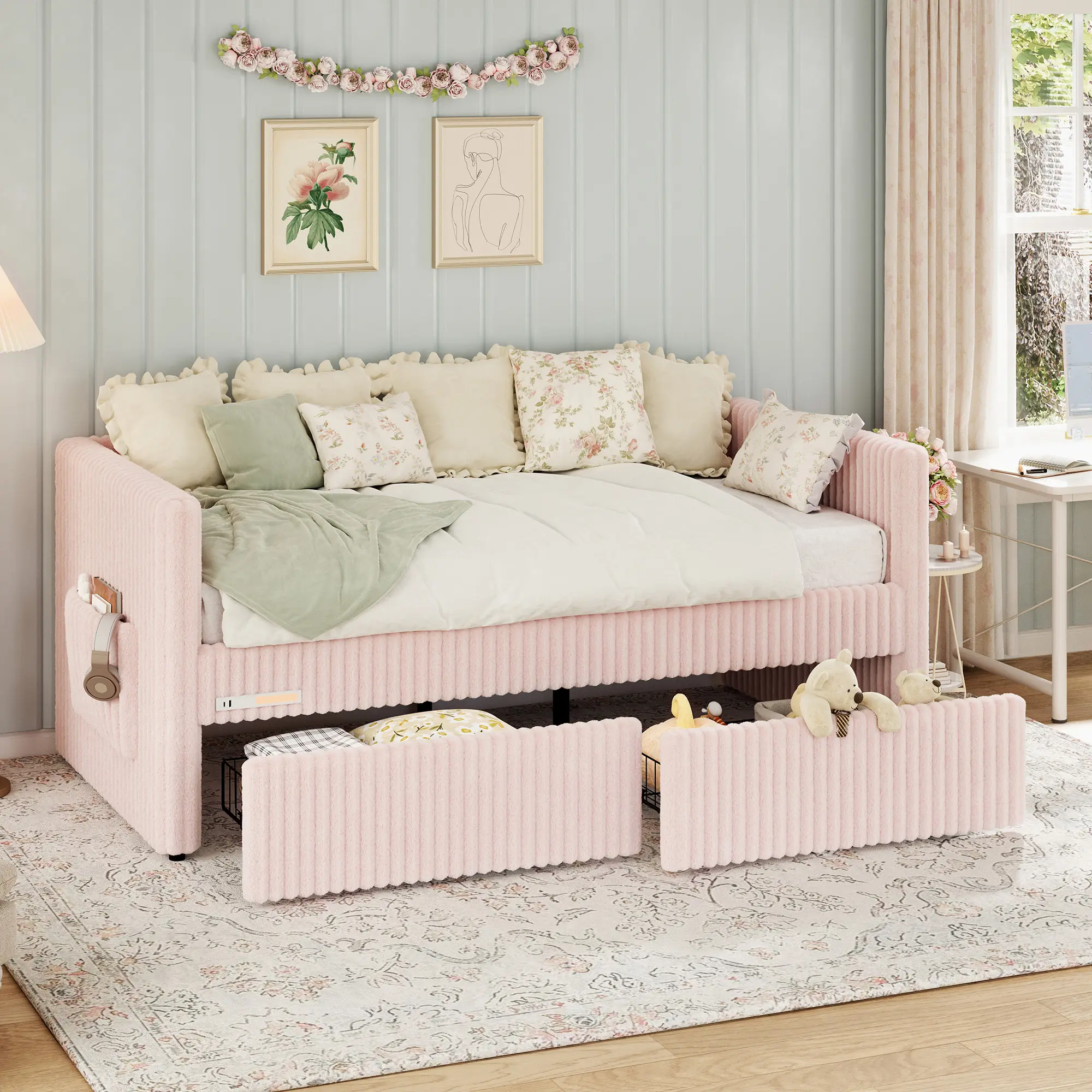 [Summerwins] AMERLIFE Twin Size Corduroy Daybed with 2 Storage Drawers & Bedside Pocket, Upholstered Day Bed Frame with Charging & Night Light, Easy Assembly, No Box Spring Needed, for Living Room, Bedroom