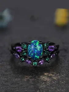 Elegant Oval Blue Imitation Opal Wedding Ring Set Engagement Ring Wedding Ring Black Golden Band Stacking Rings Family Stone Jewelry Anniversary Christmas Gift Elegant Glittering Ring