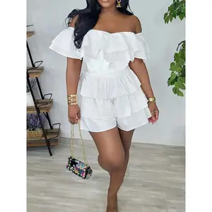 Women’s plain tiered ruffle off-shoulder romper, casual shirred-waist summer romper, women’s clothing for everyday wear