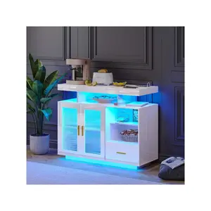New 2024  HNEBC 39.4 Modern LED Table Charging Station High Glossy Cupboard Body Sensor Light Coffee Bar Cabinet with Acrylic Panel for Living Room Kitchen Furniture Decoration