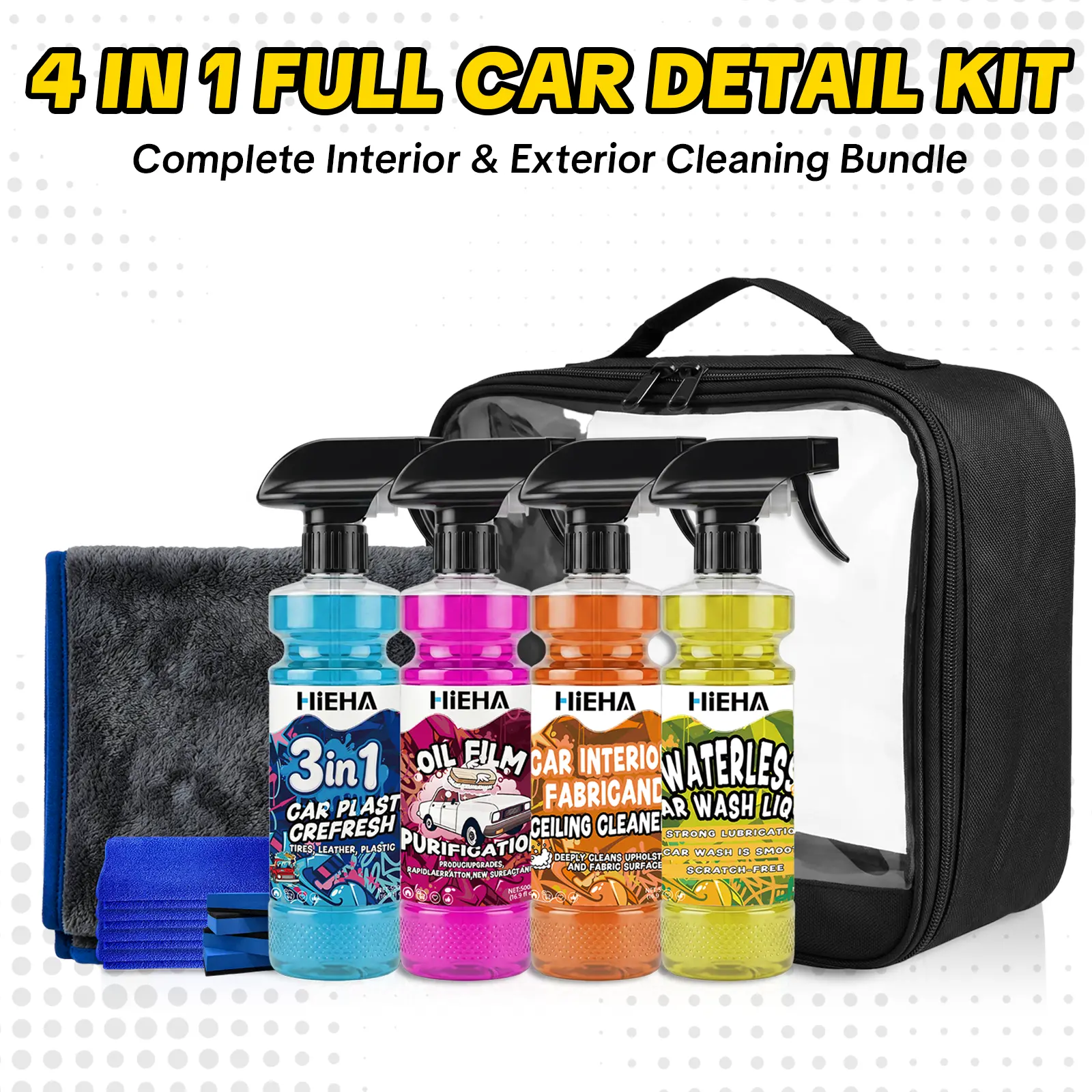 HiEHA All-in-One Car Detailing Kit, Portable Waterless Wash Set with Plastic Tire Restorer, Windshield Oil Film Remover, Deep Interior Cleaner, Microfiber Towels, Cleaning Sponges & Storage Bag, Complete Car Care Kit for Interior & Exterior