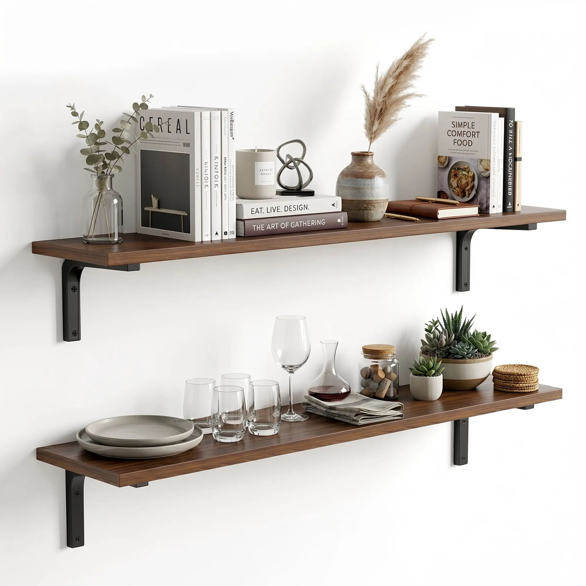 Wood Floating Shelves Set of 2, 23.6" Wall Mounted Shelves with Metal Brackets, Walnut Wall Shelves for Bathroom, Bedroom, Living Room, Kitchen