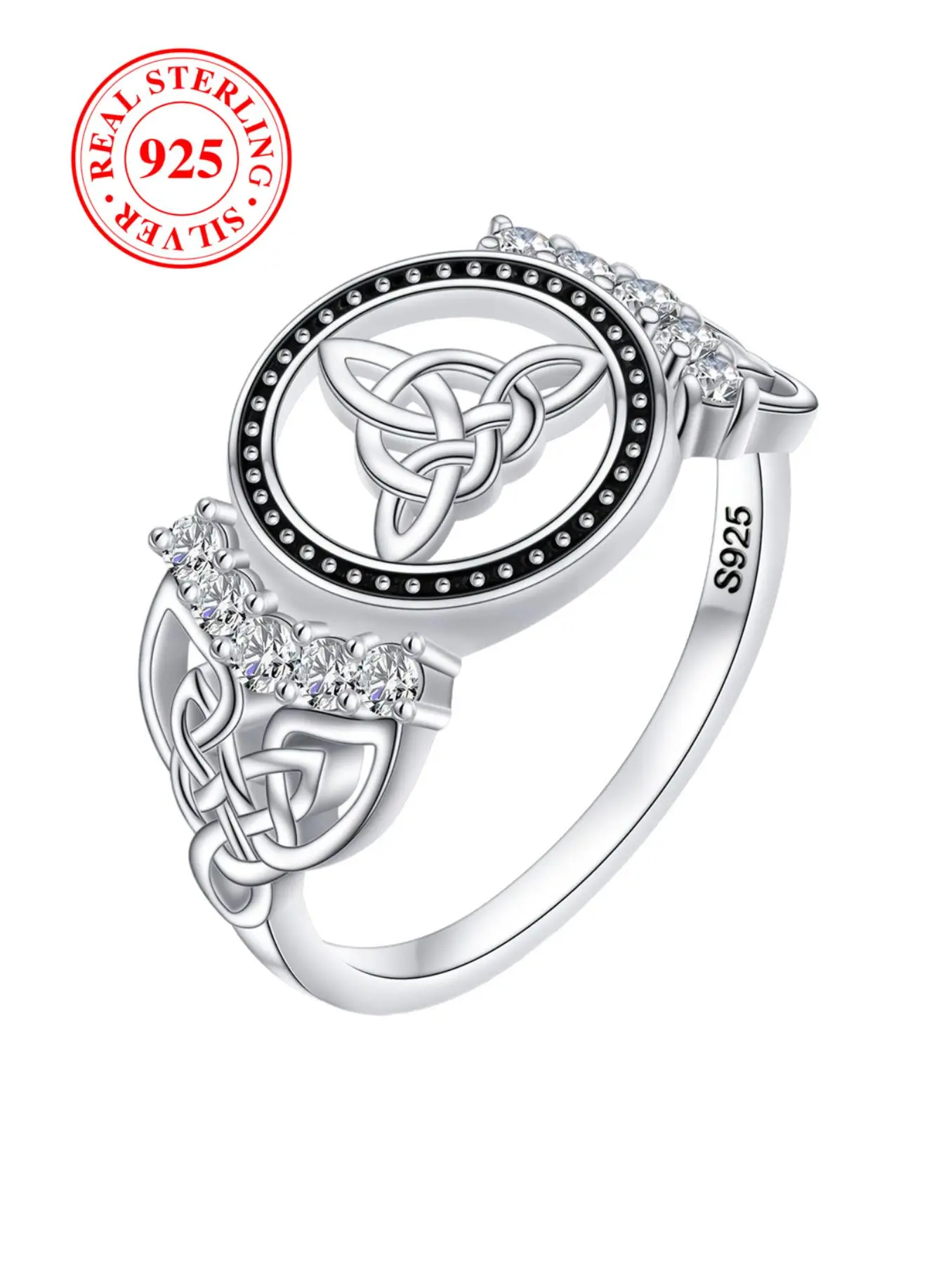 S925 Sterling Silver Celtic Pattern Hollow Geometric Design Elegant Bridal Engagement Ring, Fashion Rhinestone Decor Accessories for Women & Men, Trendy All-match & Exquisite Jewelry for Birthday Gift