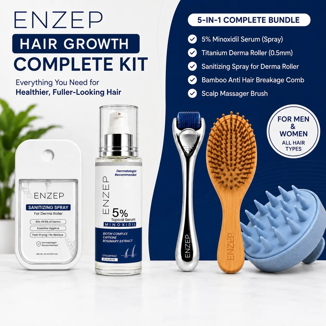 ENZEP Minoxidil 5% Hair Growth Kit with Derma Roller – Beard & Scalp Regrowth Solution for Men & Women, 30ml, 60ml & Bundle,  Haircare