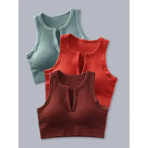 Women's 3pcs Solid Notched Neck Sports Vest, Summer Clothes Women, Breathable Comfortable Crop Sports Tank Top For Yoga Gym Workout Running, Women's Sport & Outdoor Clothing For Summer, Gym Wear