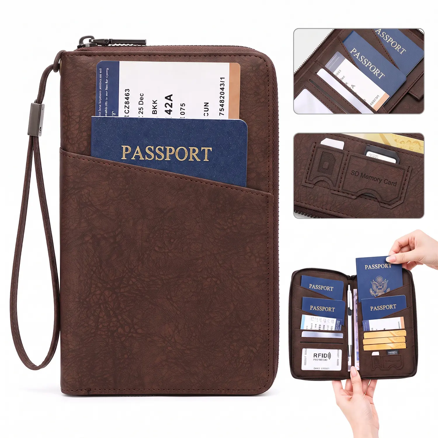 RFID Blocking Passport Holder, Family Passport Wallet, Multi-Passport Travel Document Organizer, Vintage PU Leather Zipper Passport Holder with Wrist Strap, Travel Essentials for Men Women