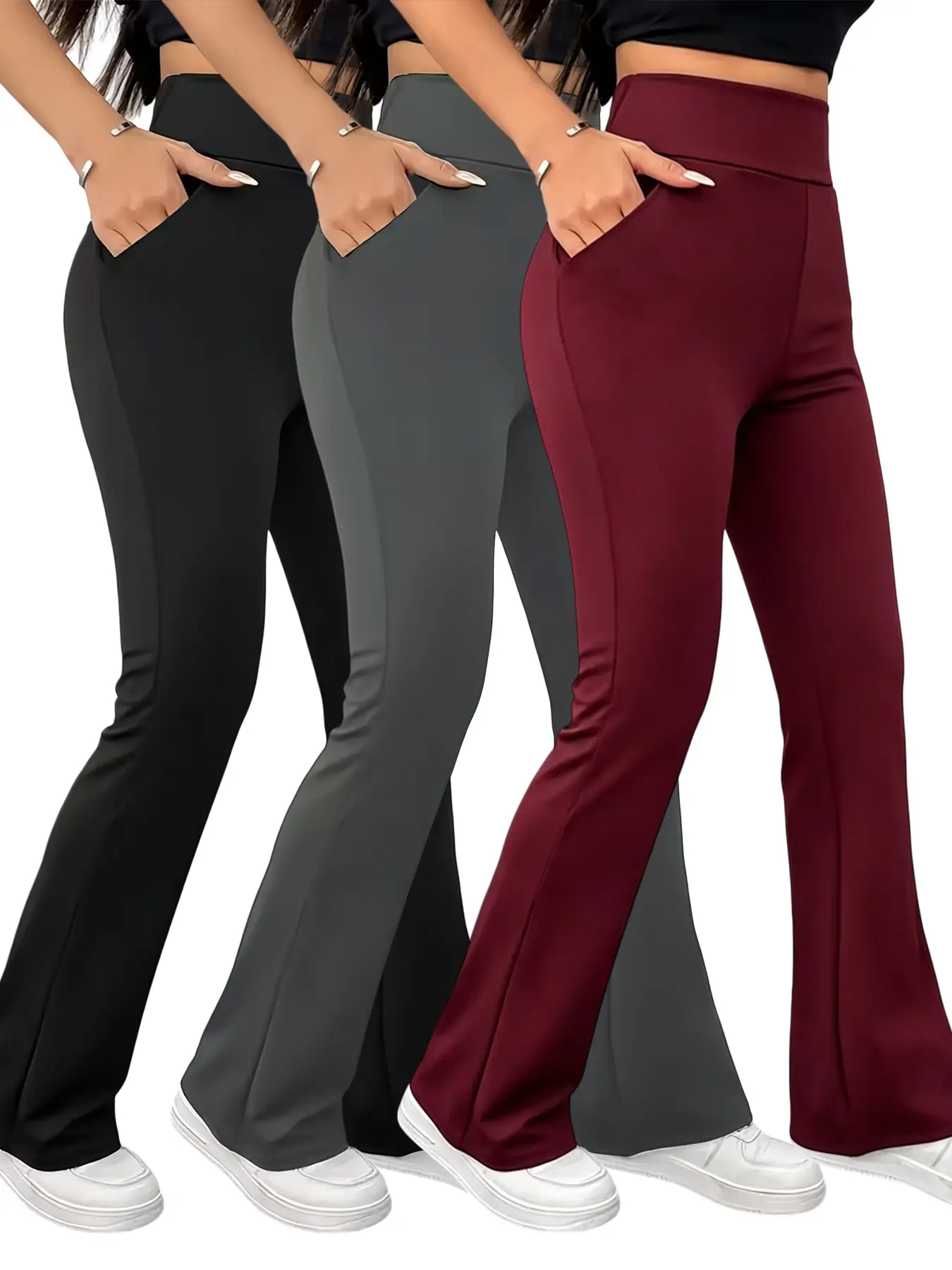 Black, Grey, Red High Waist Belly Control Flare Leggings, Women's Breathable Moisture Wicking Slimming Stretch Sweatpants for Yoga Daily