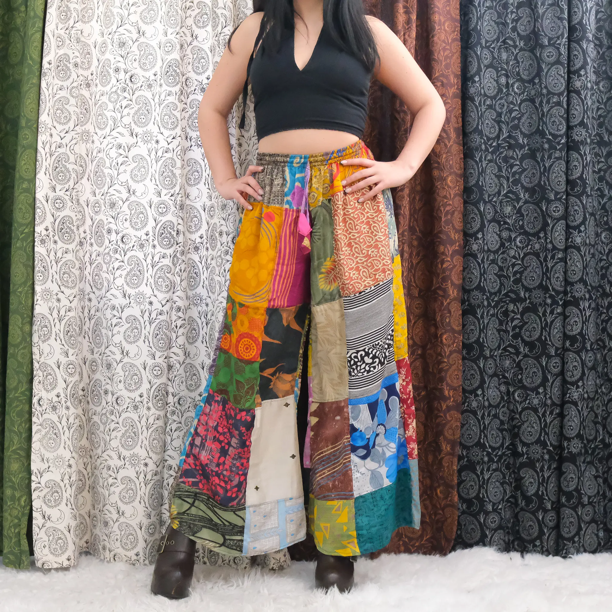 Patchwork Wide Leg Pants , One of a kind Recycled Sari  Palazzo Pants, Boho Hippie Statement Trousers, Hippie Festival Pants