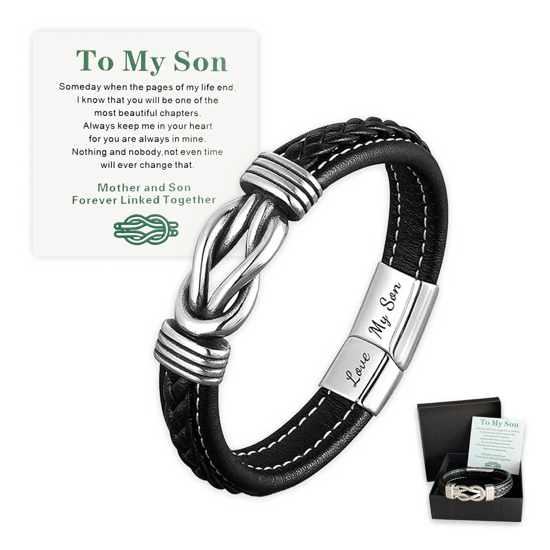 To My Son Infinity Knot Bracelet, Forever Linked Together Leather & Stainless Steel Engraved Jewelry from Mom for Birthday Christmas