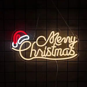 Merry Christmas Neon Wall Decor, LED Santa Hat Shaped Lights, USB Powered, Perfect for Outdoor Christmas Themed Parties, Birthday Celebrations, and Wall Decor in Living Rooms, Bedrooms, and Kids' Rooms