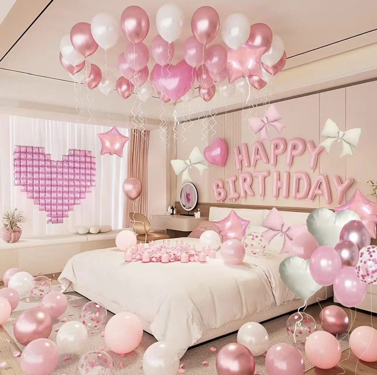 Pink Happy Birthday Decorations Balloons Kit, Party Decor Balloons with Happy Birthday Banner, Heart Wall Aluminum Film Balloon, White Confetti Foil Balloon, Bow Foil Balloon, Pink Birthday Decorations