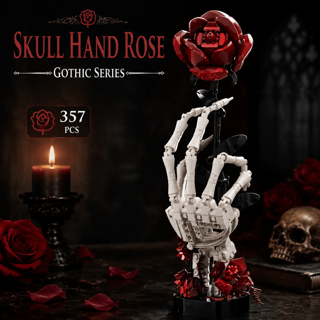 Gothic Skull Hand Rose Building Set – Dark Romantic Skeleton Hand Holding Rose, Viral Aesthetic Desk Decor, Horror-Inspired Room Display, Unique Gift Idea for Adults & Teens, Creative Model Kit Decorative Flowers Diy Artificial Rose fun gifts
