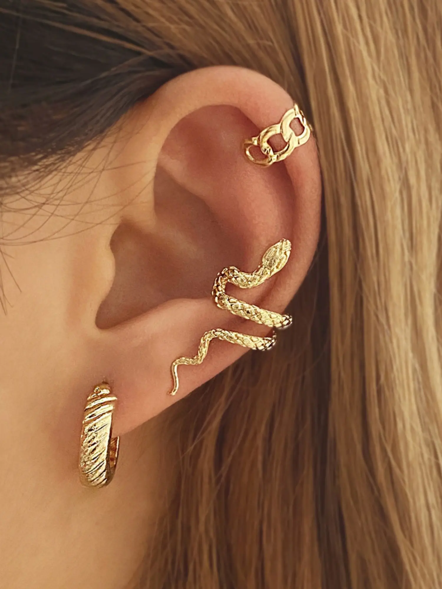 Elegant Snake Design Ear Studs Set, Three-Piece C-Shaped Earring Collection, Stylish Accessory for Women & Girls, Perfect Gift Idea, Statement Earrings