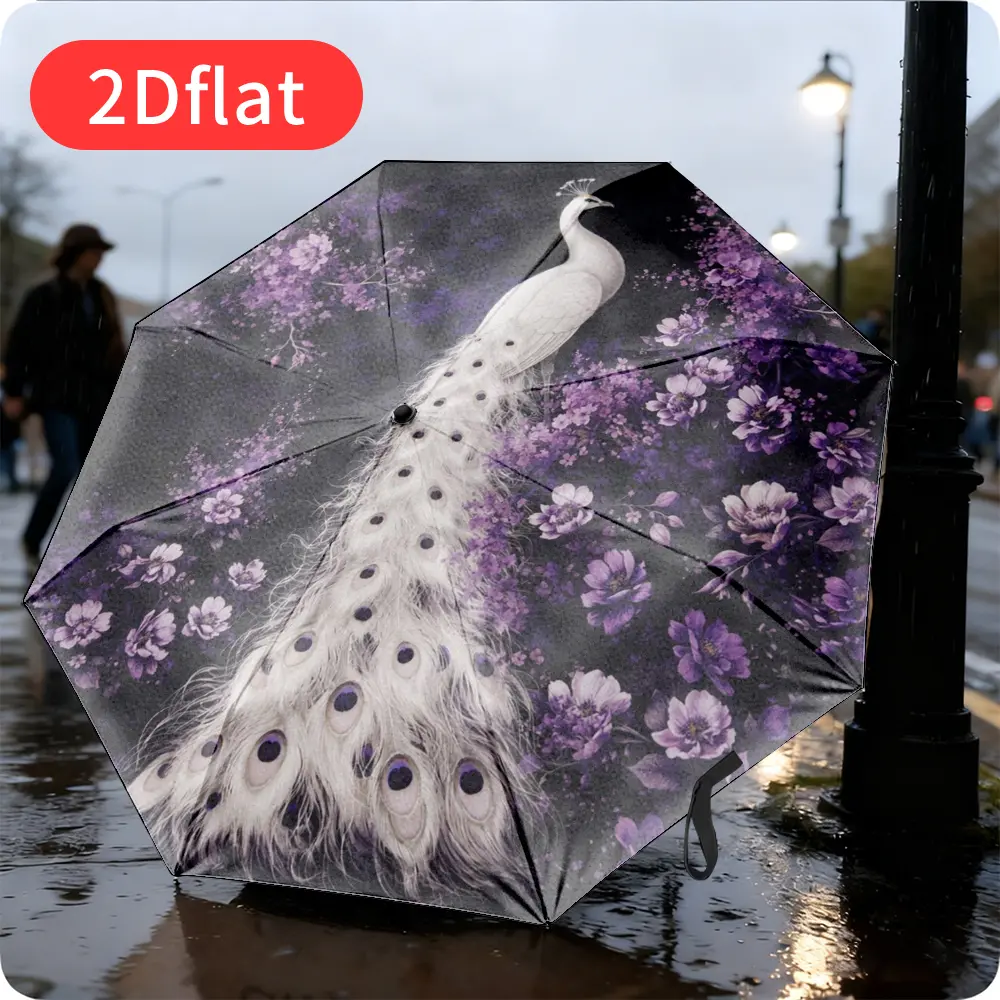 1 Elegant Peacock Floral Auto-Folding Umbrella – Compact and lightweight 8-rib design with black and purple floral pattern, ideal for outdoor adventures, beach trips, or casual use; features durable canopy material.