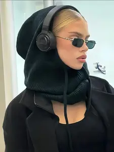 Women's Winter Hooded Scarf Beanie, Casual Fitted Knit Hat with Large Brim, Warm Fashionable Neck Warmer for Daily Wear, Knitting Beanie