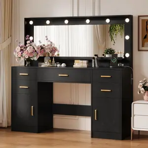 with Lighted Mirror,   Desk with Power Outlet and LED Bulbs, 3 Color Lighting Modes Adjustable Brightness, 7 Drawers  Table with Cushioned Stool for Bedroom, White large  table corner  desk bedroom dressing room modern  vanity   vanity desk   vanity