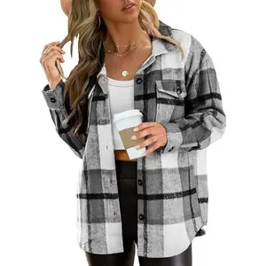 【Plus Size】Womens Shacket Jacket Flannel Plaid Long Sleeve Button Down Shirts Casual Fall Blouses Tops Denim Fabric tweed blazer（gift） Womenswear CoatsGiftGift