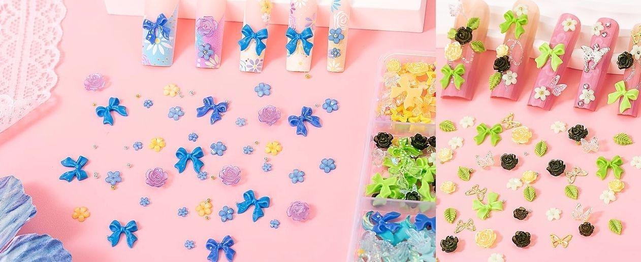 8000pcs 3D Nail Charms and Nail Gems, Cute Nail Rhinestones and Charms Y2K for Nails Nesign, Variety Butterfly Bow Moon Star Flower Junk Case Charms Gold Pearls Nail Jewels for Nail Art Decorations