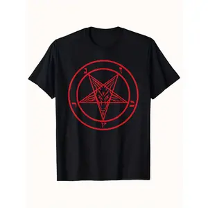 Men's Gothic Occult T-Shirt - Heavy Metal Inspired Satanic Pentagram & Baphomet Sigil Design - Black with Red Pentagram - Casual Round Neck Tee for Men - All-Season Comfort Fit - Machine Washable - Perfect for Concerts & Themed Events - Bold Statement App