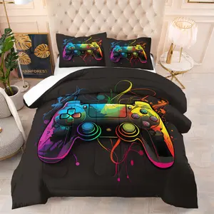 2/3Pcs Neon Glow Game Controller Comforter Set, Cool Gamer Video Game Print Quilt Bedding Set with Pillowcases, Cyberpunk Gaming Bedding for Boys Teens Gamers, Game Room Bedroom Aesthetic Home Decor