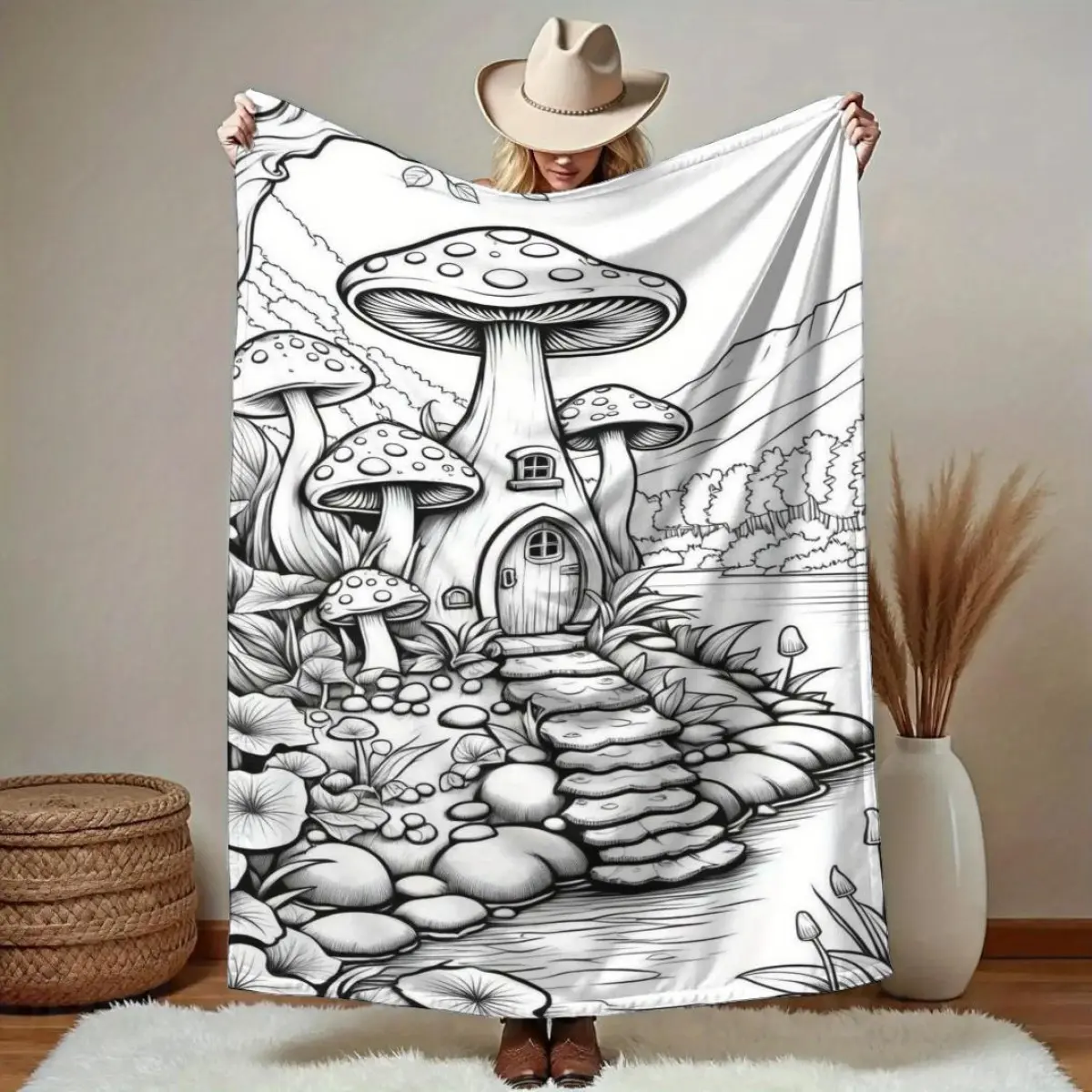 Mushroom Print Blanket Shawl - DIY Painted, Soft Warm Textile for Adults, Cozy Aesthetic Vintage Modern Room & House Decor, Ideal Anniversary & Festival Gift