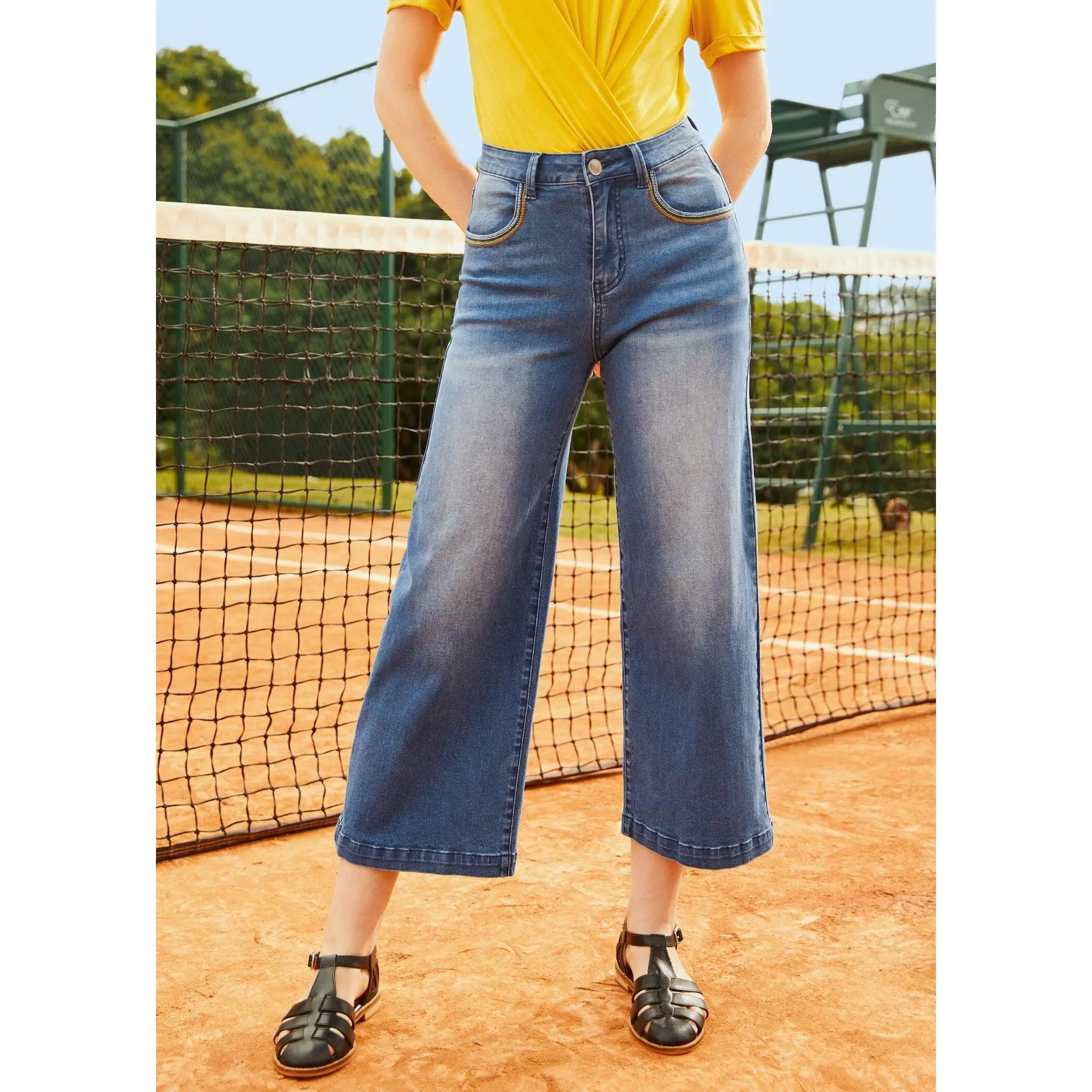 ModCloth Luck of the Stylish Wide Leg Jeans with Rainbow Embroidered Pockets - Sea Storm Medium Wash (2-26W)