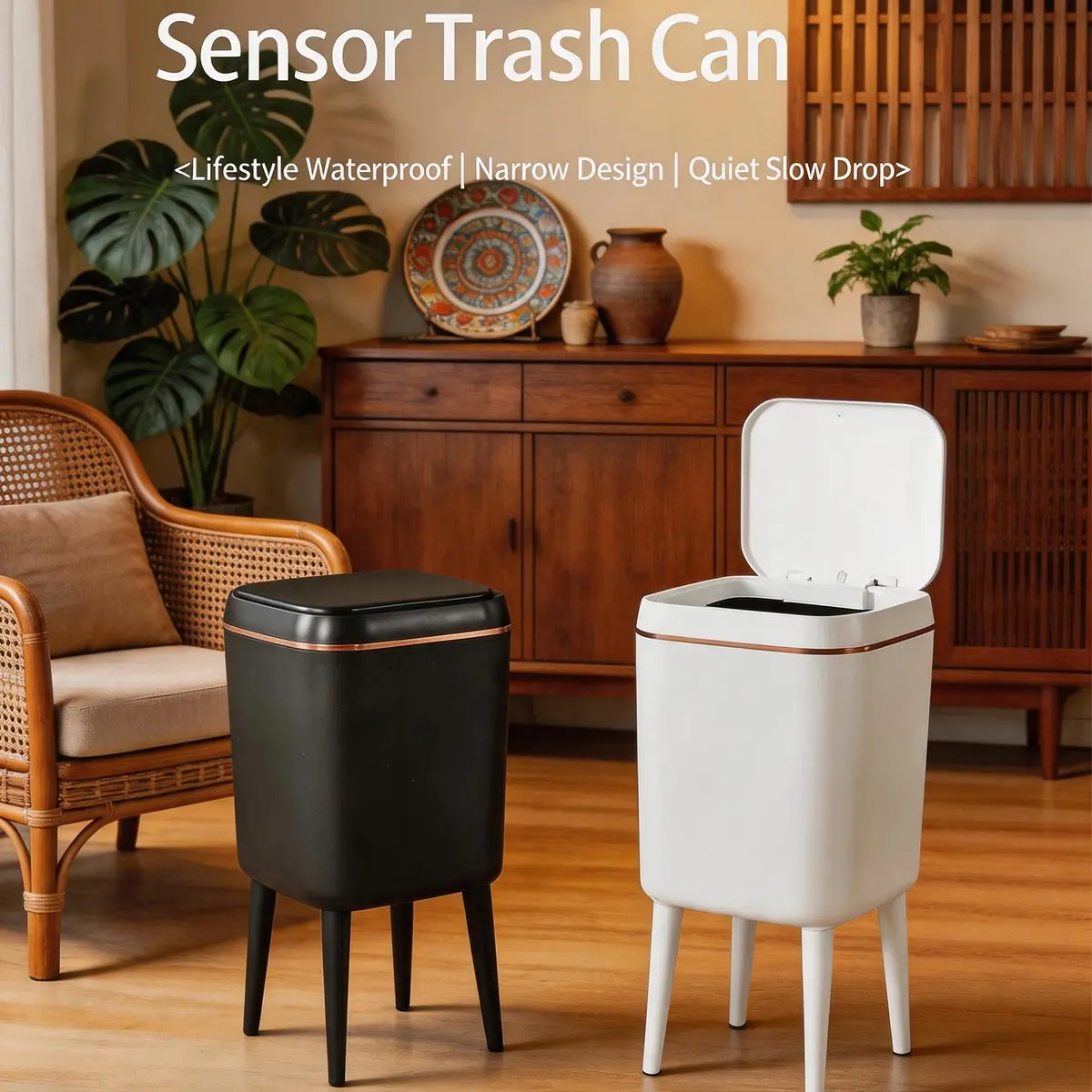 Smart Sensor Trash Can with Swivel Wheels and Support Legs, Ideal for Kitchen, Bedroom, Living Room, Bathroom, Easy to Use, Bathroom Trash Can with Lid, Bathroom Garbage Can