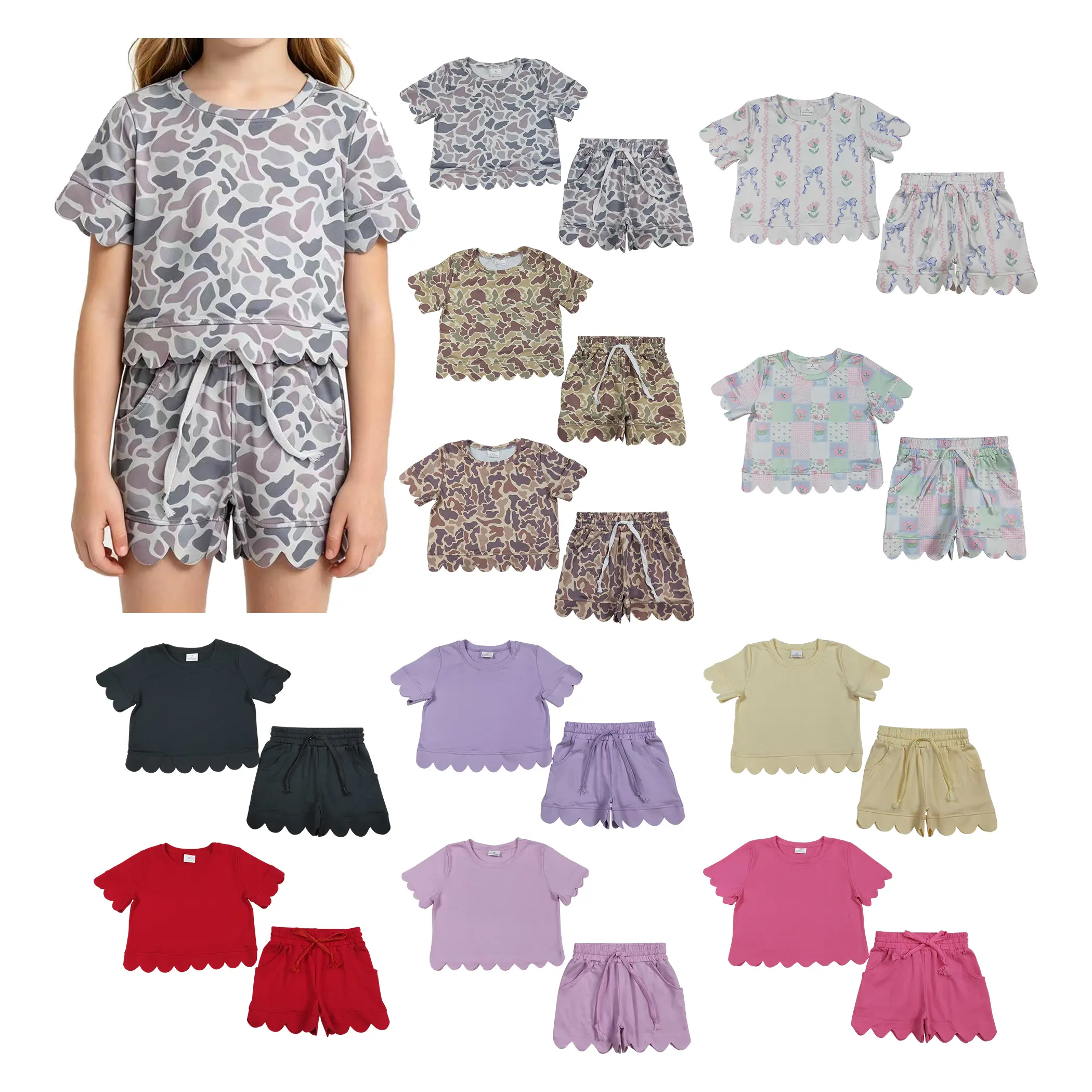 Girls' 2-Piece Summer Girlset, Solid Color Casual Crew Neck Outfit with Scalloped Edge Top & Shorts with Pockets, Casual Outfits, Kids Clothing Girls, Casual Fit