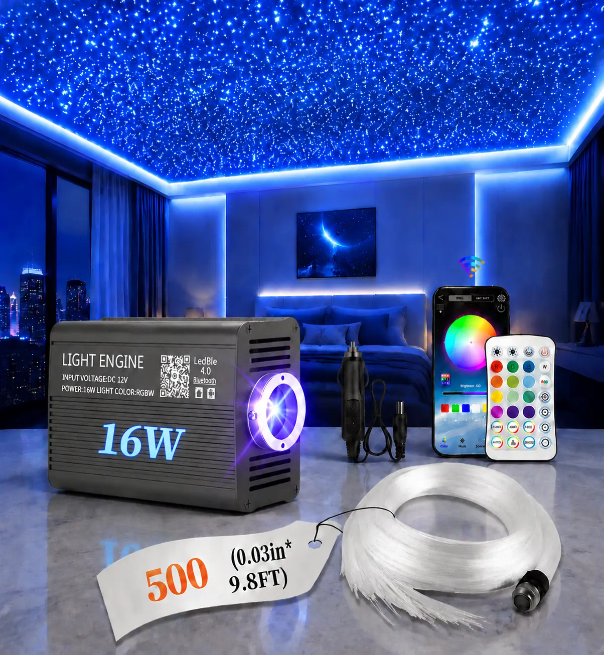 500PCS*0.03in *9.8ft Fiber Optic Starlight Headliner Kit, 16W RGBW Color Changing Star Ceiling Lights with DIY Pattern Customization for Car & Home Theater disco party Lights ideal birthday gift