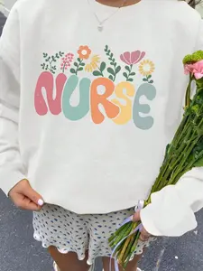 Women's Floral Nurse Print Round Neck Sweatshirt, Casual Fitted Sweatshirt, Casual Long Sleeve Crew Neck Pullover for Fall & Winter, Women's Clothes for Daily Wear, Womenswear