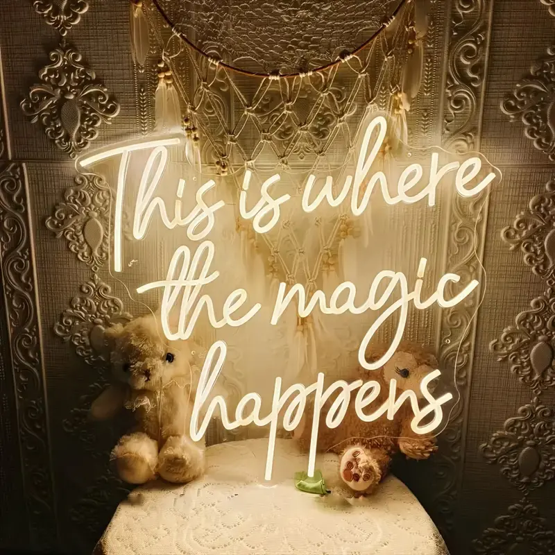Warm White LED Neon Sign - "This Is Where The Magic Happens" Interior Lights, Decorative Light, Wall Decor, Mounting Kit Included, Ideal Gift Ideas for Weddings
