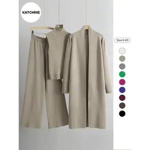 Trendy Knit Turtle Neck Tank & Wide Leg Trousers With Open-Front Long Cardigan Three-Piece Sets