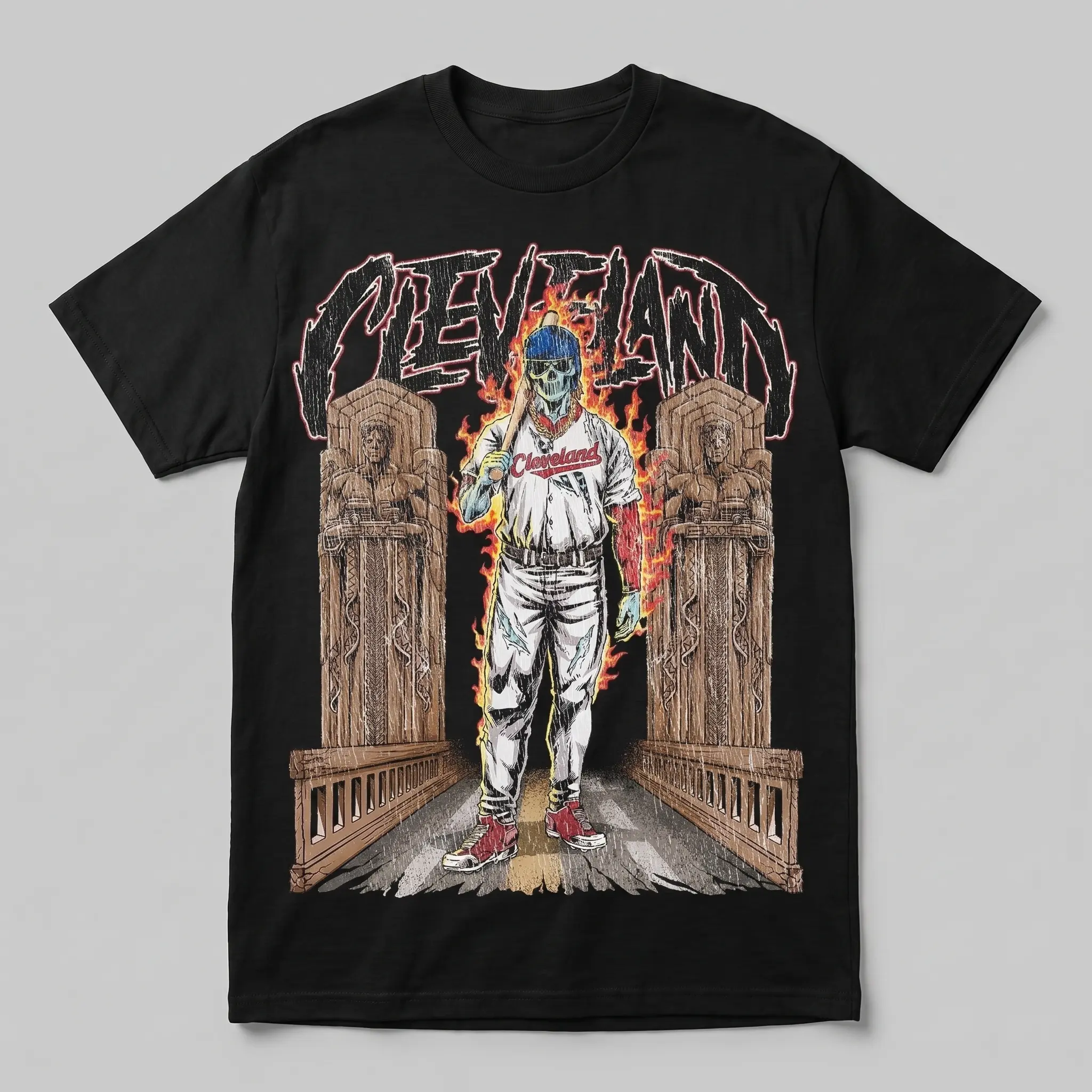 Fire Skeleton Cleveland Baseball T-Shirt, Mascot Baseball Shirt, Cleveland Baseball Game Day Graphic Tee, Guardians Baseball Fan Streetwear