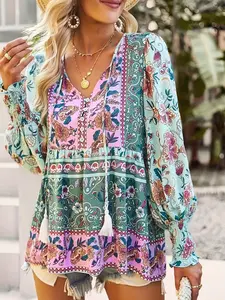 A women's floral V-neck tie-front floral wide-sleeved long-sleeved shirt with a beachy style Blouse