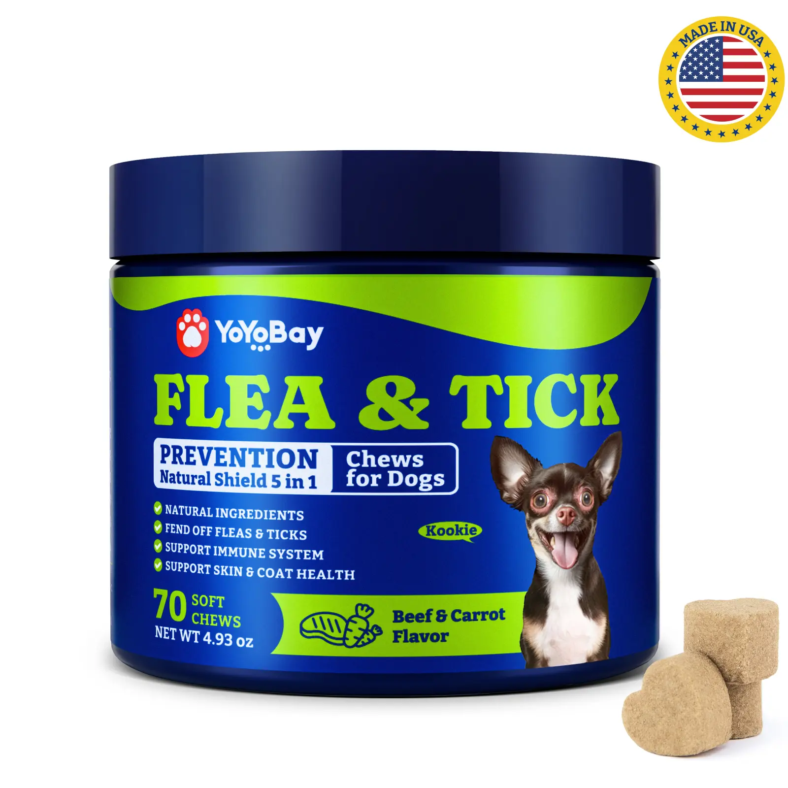 Flea & Tick Prevention for Dogs Chewables, YoYoBay Natural Dog Fleas and Ticks Control Supplement, Dogs Supplement, Natural Shield 5-in-1 Protection, Beef & Carrot Flavor, 70 Soft Chews Vitamin
