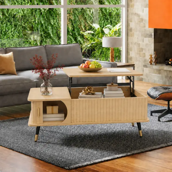 Wood Lift Top Coffee Table with Adjustable Height, 39.37 x 18.90 x 14.96 inches, 41.45 lbs, Ample Hidden & Open Storage Compartment, Lower Shelf, Dining Center for Home Living Room Office, Natural Finish, Coffee Tables