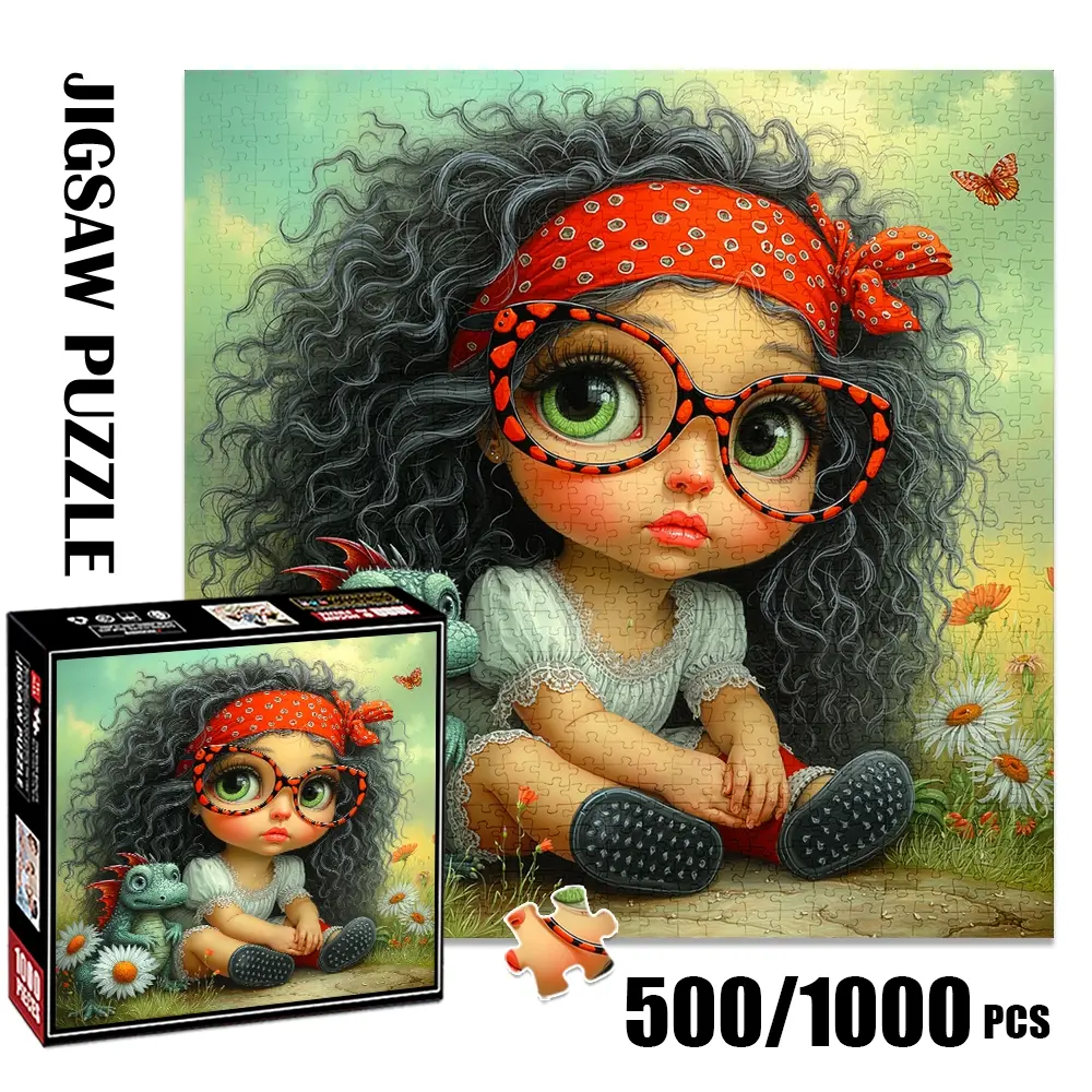 1pc 1000 piece adult puzzle 58x58cm Girl with Curly Hair, Red Bandana, Stylish Glasses and Lizard Companion 500 pieces of paper puzzle, suitable for adults and families, large-scale DIY Creative Puzzle in Jigsaw Puzzles