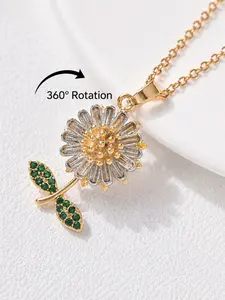Two Tone Daisy Spinning Necklace with Green Leaf Crystal Fidget Anxiety Relief Pendant Gift for Bestie Women