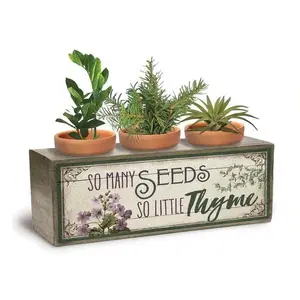Wood Window Sill Planter "So Many Seeds so Little Thyme" Three Pot Floral Purple Herb Window Box