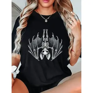 Gothic Style Lady's Casual Short-Sleeve T-Shirt - Round Neck, Black, Medium Stretch, Comfortable Fit, Mature Goth Clothes, Bold Skull Bat Graphics, Streetwear Sports Top
