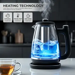 2026 New Model 1.8L Rapid Boiling Electric Glass Kettle — Rapid Heating, Auto Shut-off, Dry-Boil Protection, 360° Swivel Base — Stainless Steel Kitchen Appliance