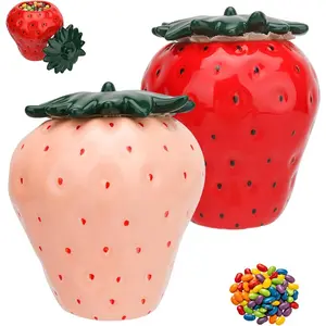 2 Pack Strawberry Decor Storage Jars, 12 Oz Ceramic Cookie Containers With Airtight Lids - Cute Sugar Canisters Set For Candy, Coffee Beans, Flour, Tea, Spices, Kitchen Counter Decor