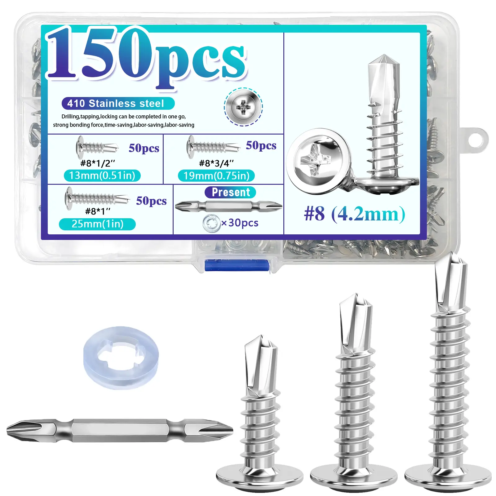 150Pcs Corrosion Resistant #8 TEK Stainless Steel Self-Drilling Screws Assortment Kit - 3 Lengths (1/2in, 3/4in, 1in), Modified Truss Head Sheet Metal Screws with 1 Bit + 30 Washers for HVAC, Metal Fixing, DIY Users