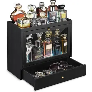 Emfogo Cologne Organizer for Men, Solid Wood Perfumes Organizer for Men Dresser, Large Capacity Dustproof Cologne Holder with Drawer Storage Perfume Stand Organizer, Gift for Men (Black)