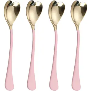18/10 Stainless Steel 4-Piece Culinary Cutlery Set - 6.7in Pink Heart Shape Spoons, Tableware Utensils for Party, Anniversary Gifts