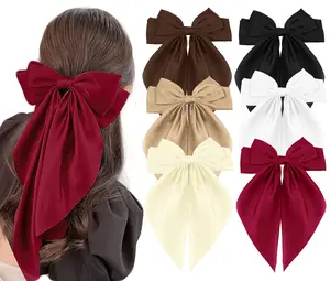 6 Pcs Big Bow Hair Clips for Women Girls Silky Satin Large Hair Bows Soft Long Tail Oversized Hair Ribbon Clips Bowknot Metal Spring Hair Barrettes