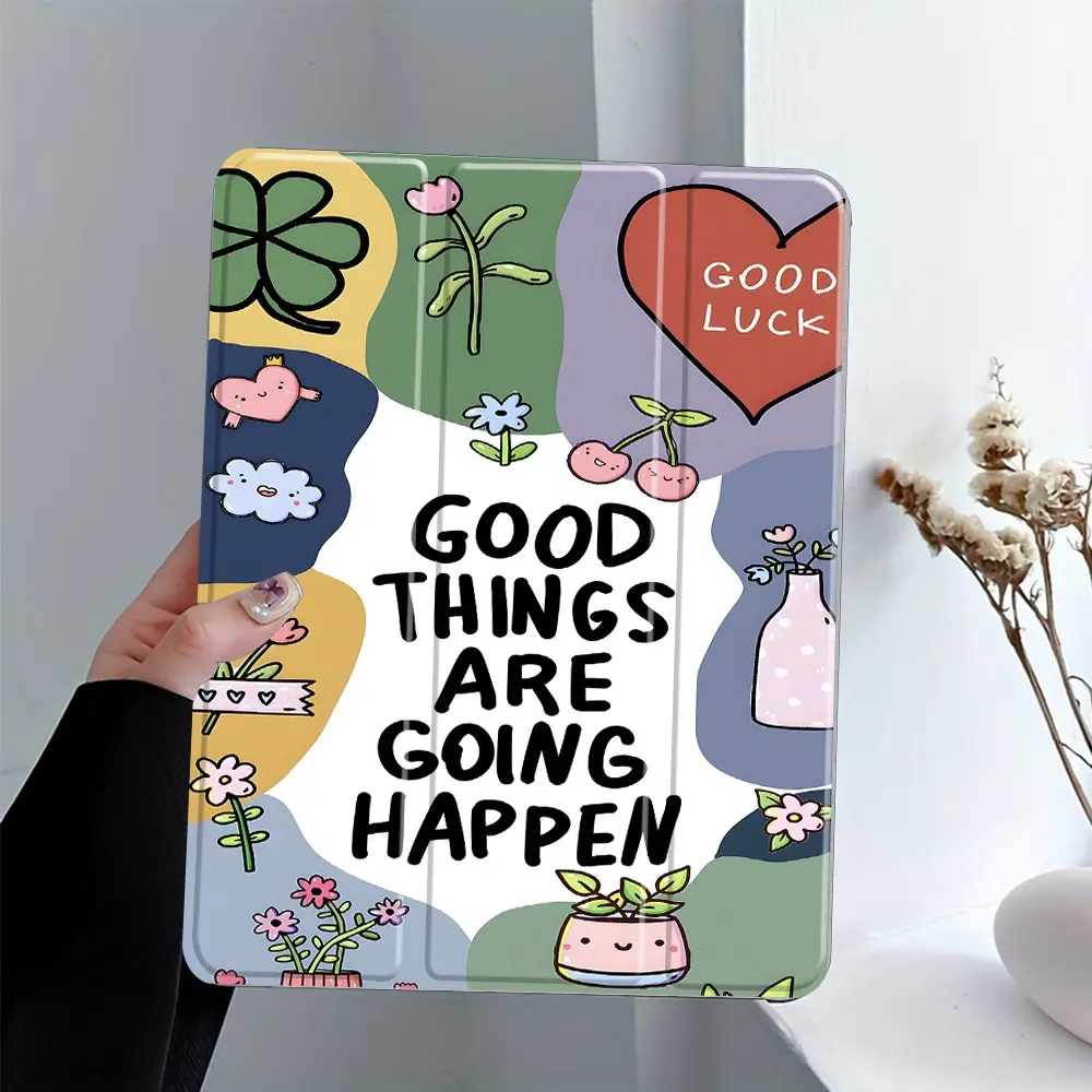 Cute Cartoon Doodle iPad Protective Case, Slim Lightweight Cover with Trifold Stand & Auto Wake/Sleep, Transparent Acrylic Hard Back,Pencil Slot & Charger Port,Fits iPad 7.9/8.3/10.2/10.5/10.9/11/12.9 13 inch,Shock-resistant Full Cover Protective Case
